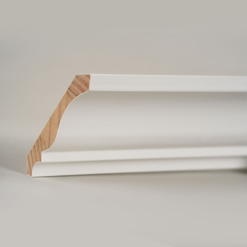 Modanatura a corona in legno di pino (primerizzata con stucco e bianco perla) 3/5' x 4 1/4'